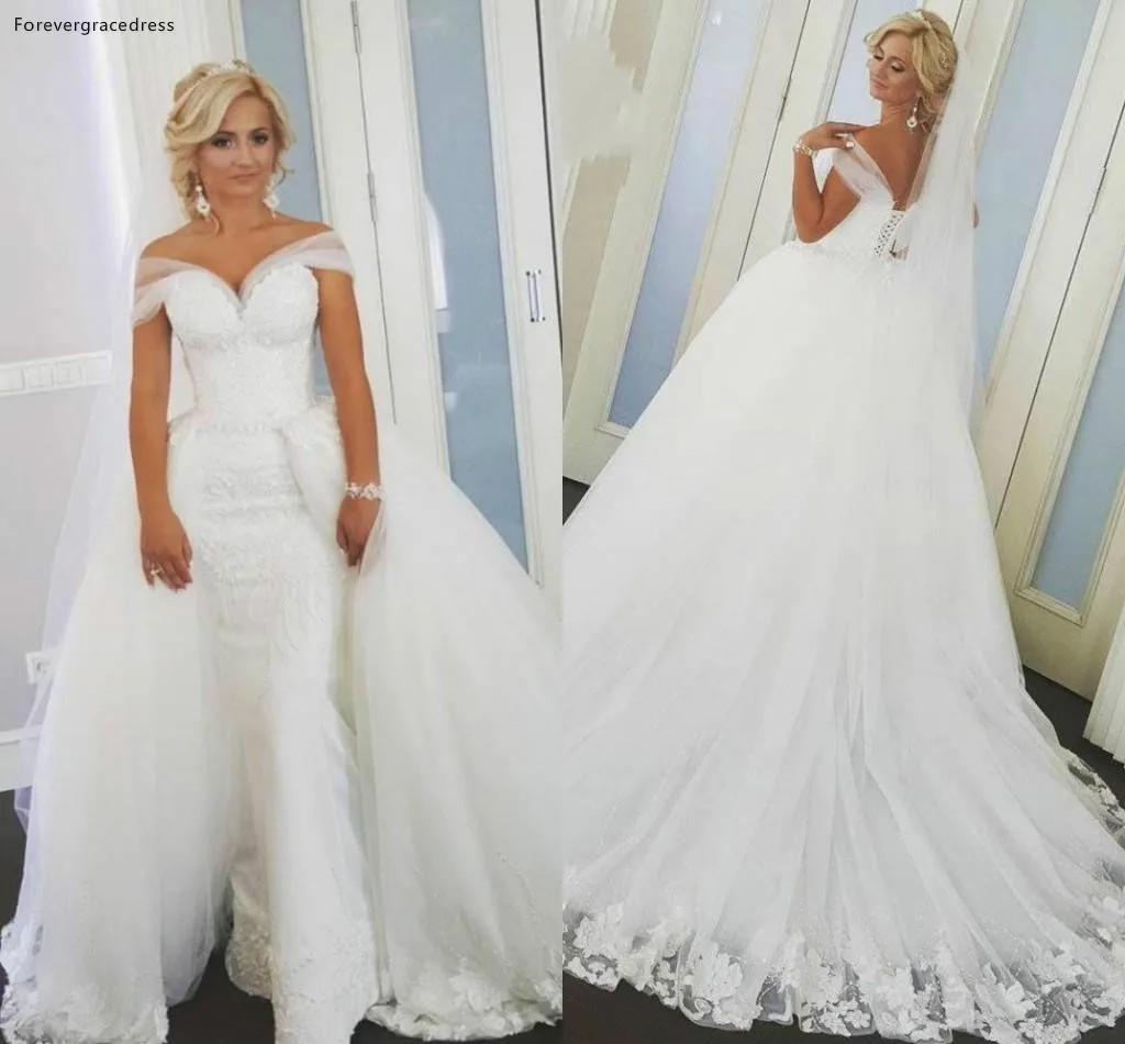 

White Colour Detachable Skirt Mermaid Wedding Dresses Off the Shoulder Lace Corset Lace-up Back Bridal Gowns Plus Size
