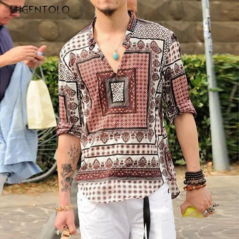 

Рубашка Lugentolo мужская с длинным рукавом, Повседневная блуза свободного покроя с принтом, с V-образным вырезом, уличная мода, весна-лето