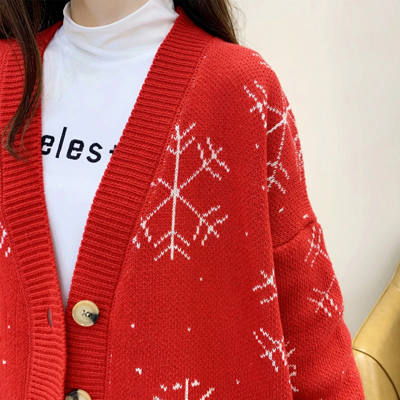 

Autumn New Knit Female Cardigan Loose Streetwear Knit Sweater Coat christmas Cartoon Print V Neck knitted cardigan Women Jacket