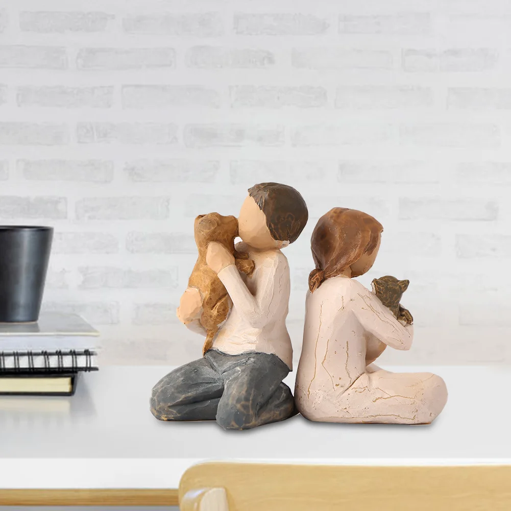 

2pcs 8cm Synthetic Resin Handicrafts Carved Girl Boy with Pet Sculpture Ornaments Sculpted Hand-Painted Figure Statue Statue