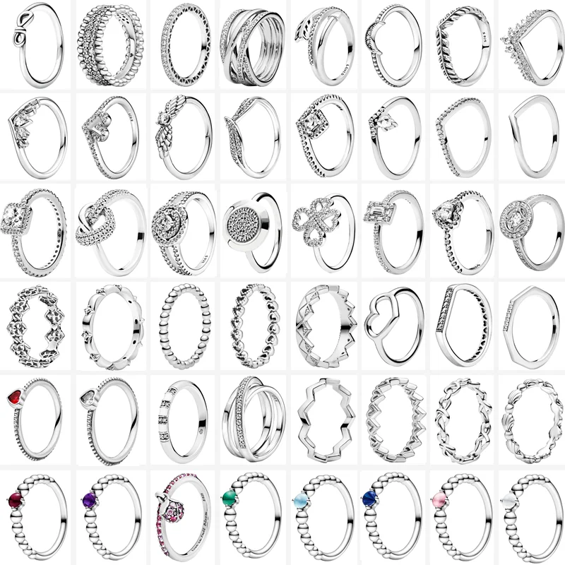 

The New Silver Color Style Rings Flower Feather Beaded Heart Moon Pavé Sparkling Pantaro Rings Women Europe 925 Silver Jewelry