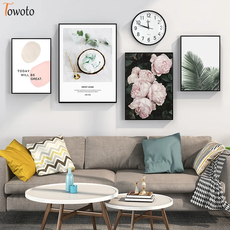 Нордическое зеленое растение изображение роз с текстурой цитата на холсте