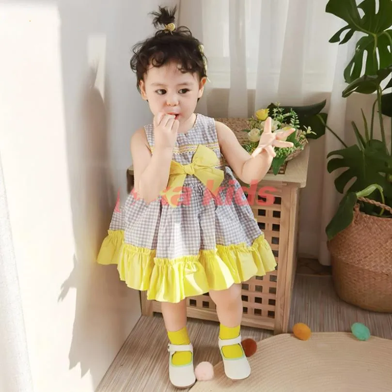 

Baby Clothing Spanish Vintage Lolita Sleeveless Bow Plaid Ball Gown Birthday Party Easter Eid Cute Princess Dress For Girls A72