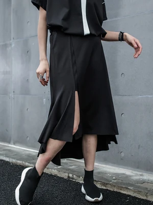 

Irregular Patchwork hemline BF mid-length summer fishtail skirt dark high waist