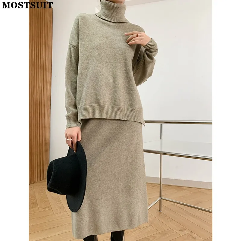 

Vintage Solid Two Piece Skirt Set Women Turtleneck Sweater & Split Skirt Autumn Winter Elegant Fashion Loose Female Skirt Set