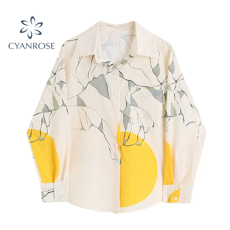 

Autumn New Fashion Women's Shirt Turn-down Collar Long Sleeve Button Vintage Printed Blouse 2021 Streetwear Casual Female Tops