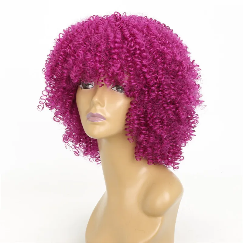 

15 Inches Pink Short Afro Curly Wigs for Women Afro Kinky Curly Wig with Bangs Synthetic Fibre False Hair Cosplay Afro Curls Wig