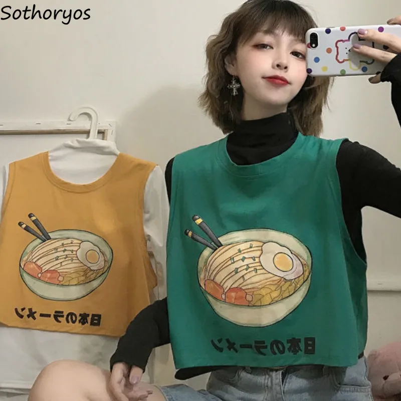 

Tank Tops Women Print Sleeveless Crop Top O-neck Casual All-match Student Korean Style Fashion Girls Summer Daily Streetwear New