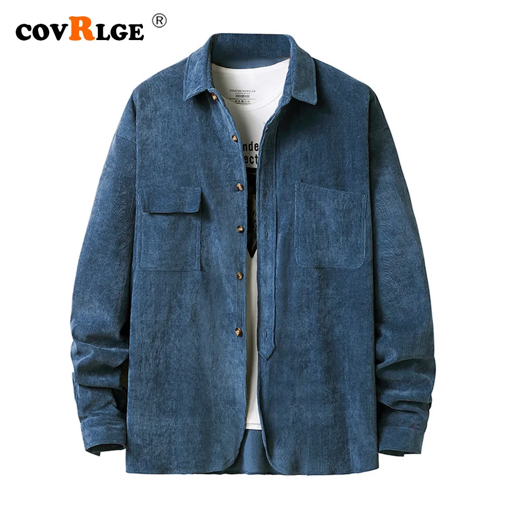 Covrlge Long-sleeved Shirt New Men's Corduroy Henry Collar Men's Autumn Winter Casual Shirt Top Male Streetwear US Size MCL268
