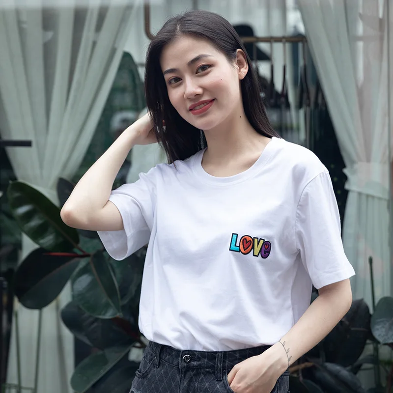 

2021 Summer New Loose Love Letter Embroidered round Neck Cotton T-shirt Female Spot Simple Short-Sleeve Pullover Top