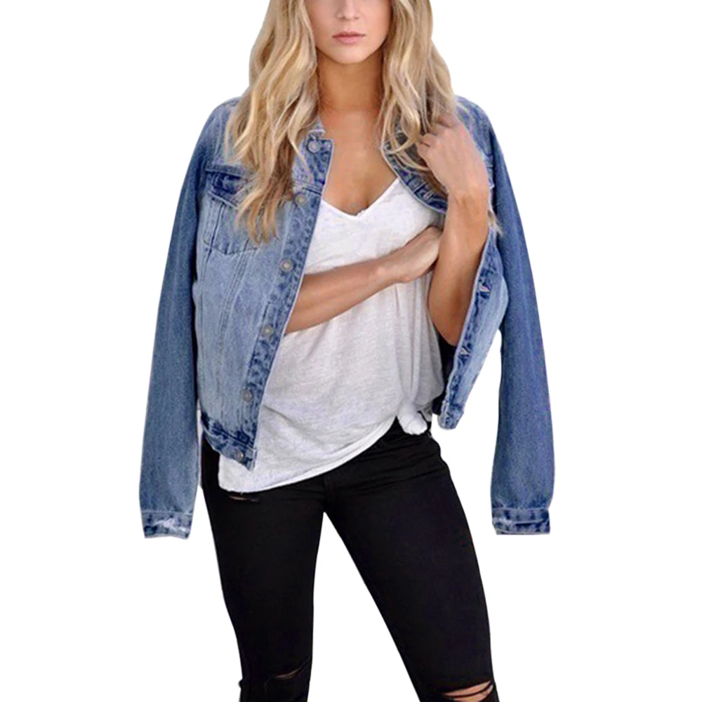 blue Women's Denim Jacket Fashion Korean Streetwear Faded Wash Jeans Jacket Ladies Casual Denim Jacket Blue Black - Цвет: blue