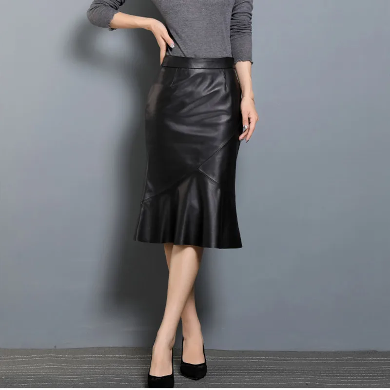 Skirts Spring Autumn Women's MIDI Length Sheepskin Tight Skirt Fish Tail Hemline Skirt Slim Genuine Leather Skirt