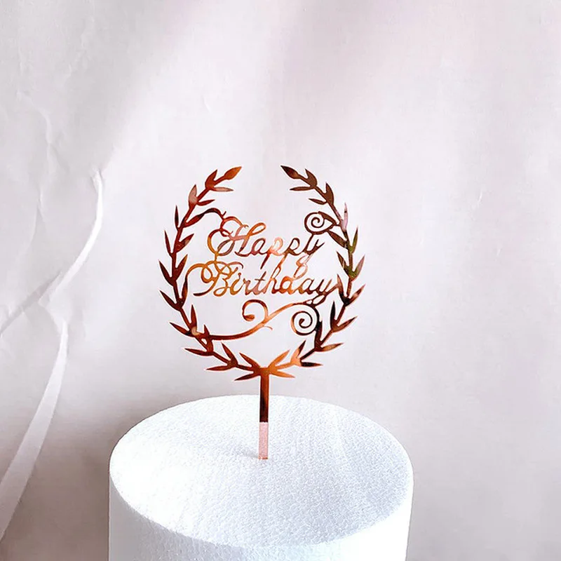 Promotional Flower Happy Birthday Acrylic Cake Topper Gold Flag For Party Decorations Dessert Baking Supplies | Дом и сад