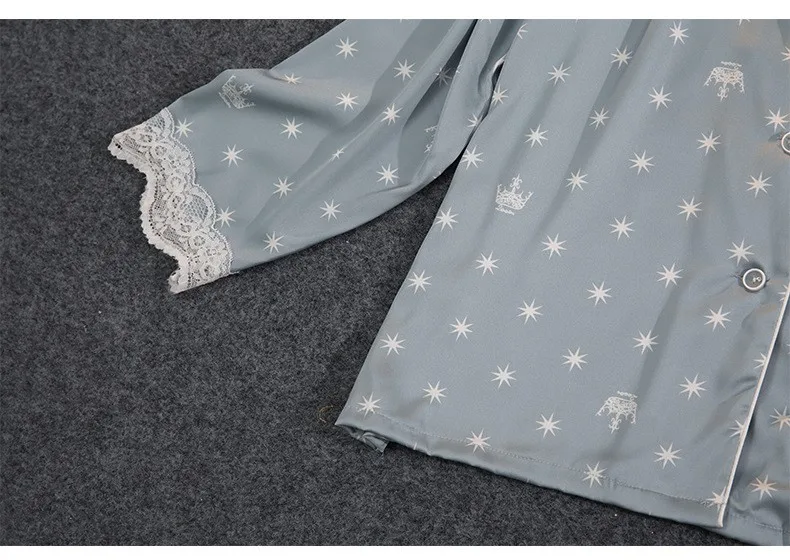 

Spring New Pajamas Sets For Women Pyjamas Satin Print Starry Crown Sleepwear Casual Shirt&Pants Faux Silk Loungewear Lingerie
