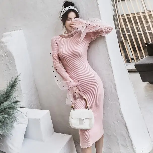 Vestidos largos 2020 осенне зимнее платье карандаш женское розовое Сетчатое облегающее в