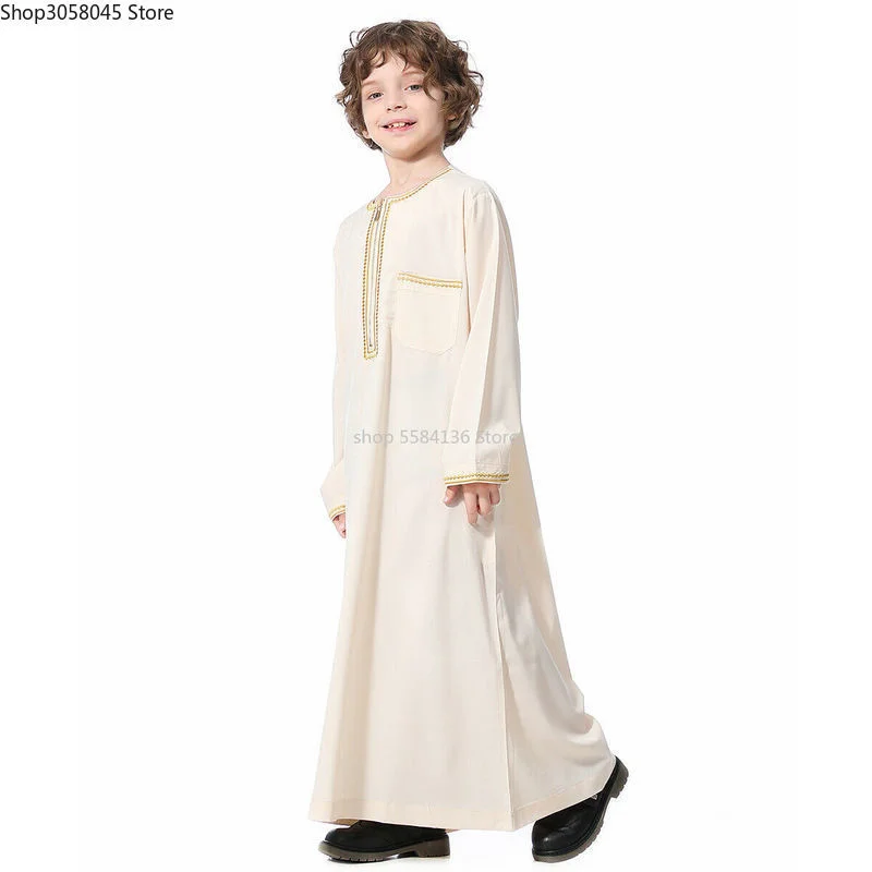 Muslim Saudi Arab Boys Robe  Dishdasha Kids Abaya Kaftan Prayer Islam Clothing Long Sleeve Thobe Middle East Teenage Dress Dubai
