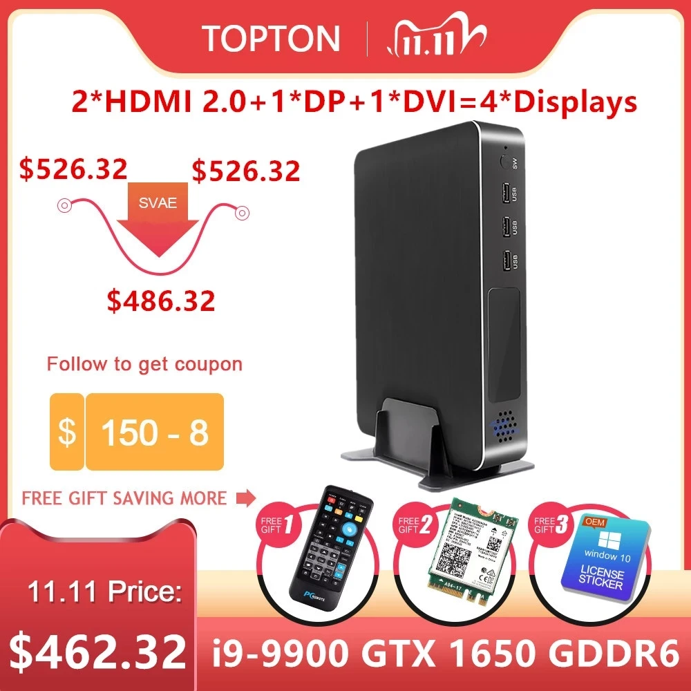 TOPTON новые игровые безвентиляторный мини ПК Core i9 9900 i7 9700 i5 9400F GeForce GTX 1650 4GB GDDR6
