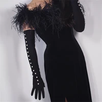 60cm cashmere gloves long section wool black elastic vintage vestido de noche gloves female white pearl decoration wyr01