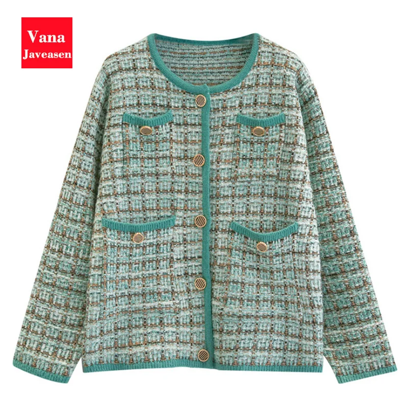 

Vintage Pocket Cardigan Coat Woman Sweater Plaid Pattern Button Single Breasted Cardigans Sweater Winter Clothes Women Sweater