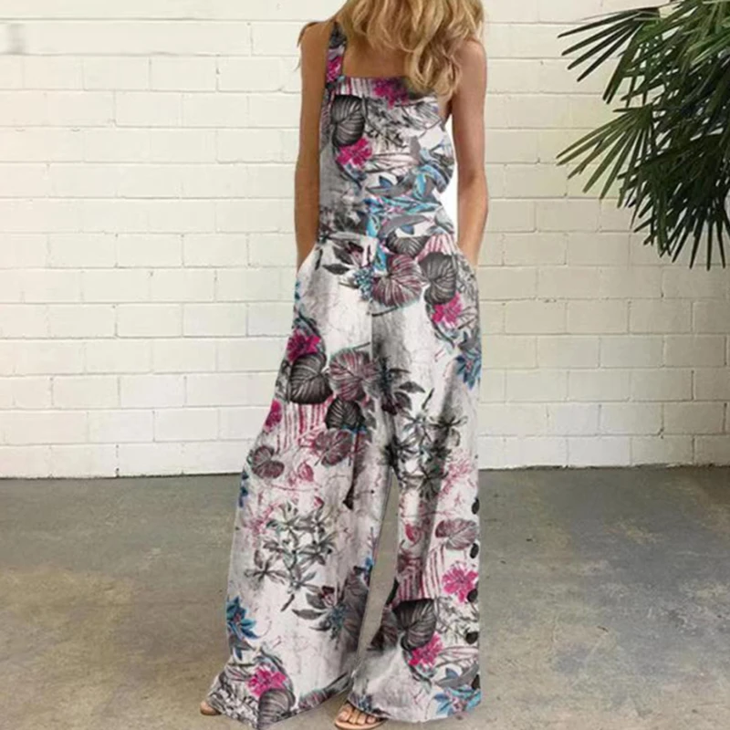 

Women Jumpsuits Rompers Summer Casual Ethnic Style Patchwork Vintage Overalls Female 2021 Buttons Suspender Jumpsuit New