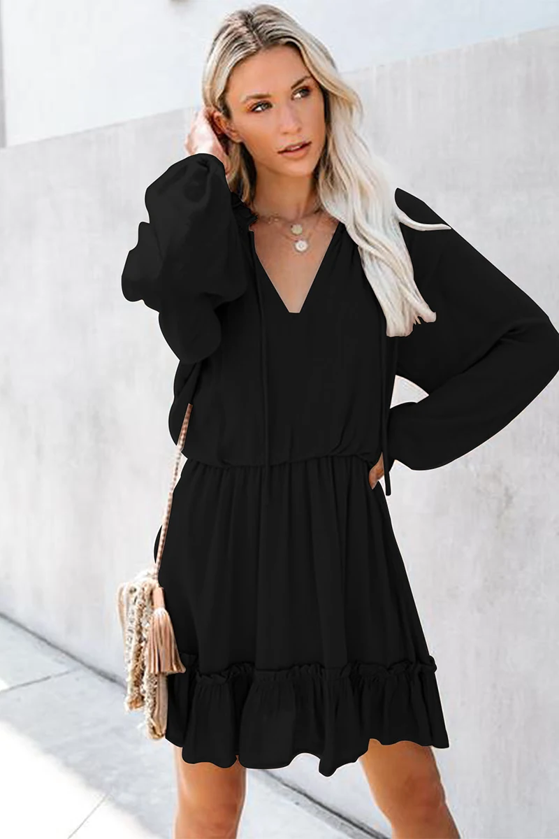 Осеннее повседневное мини-платье с v-образным вырезом и длинным рукавом