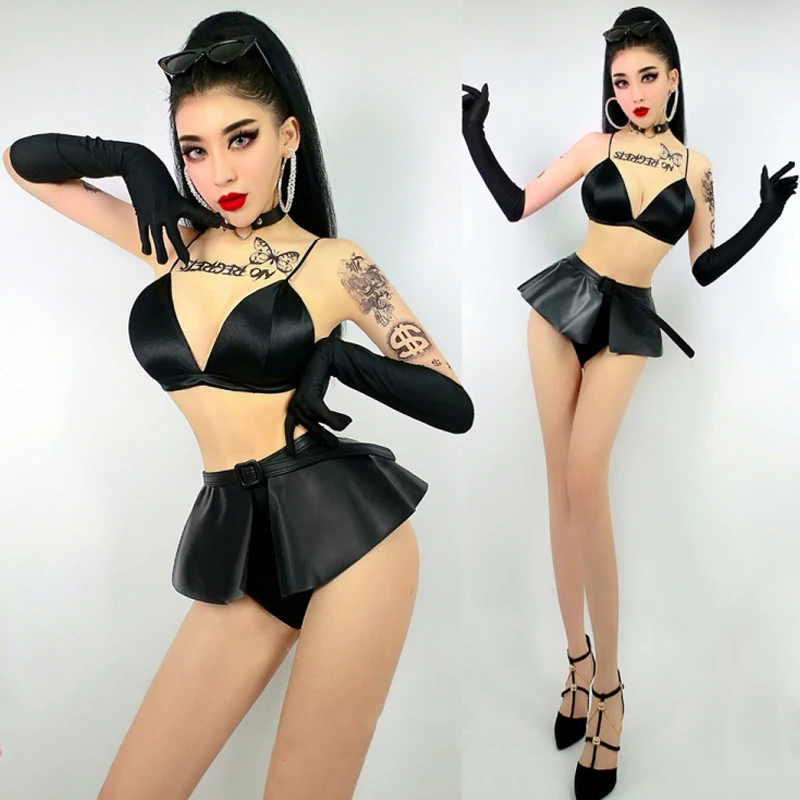 Женский костюм для джазовых танцев черное пикантное бикини короткая юбка одежда