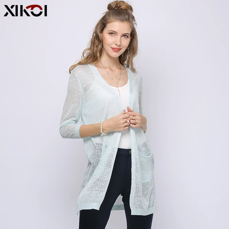 XIKOI весна лето Женский мягкий длинный кардиган с открытым стежком вязаный свитер