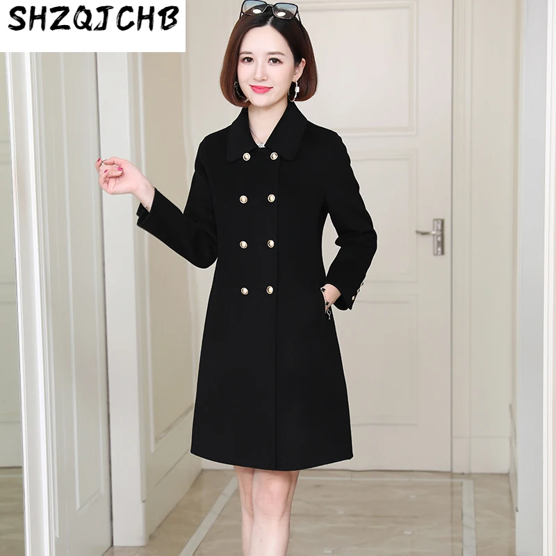 

SHZQ Новое высококачественное двустороннее кашемировое пальто, женское среднее и длинное Шерстяное приталенное пальто с кукольным воротник...