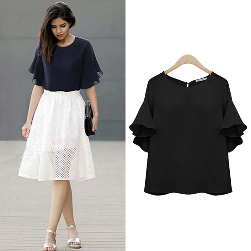 Ladies Chiffon Blouse Summer Fashion Loose Ruffles Sleeve Black Blue Elegant Party Office Women Shirts Blouses Plus Size 4xl 5xl |