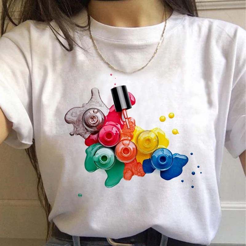

2020 Summer Women T-shirt Nail Polish Printed Tshirts Casual Tops Tee Harajuku 90s Vintage White tshirt Female Clothing