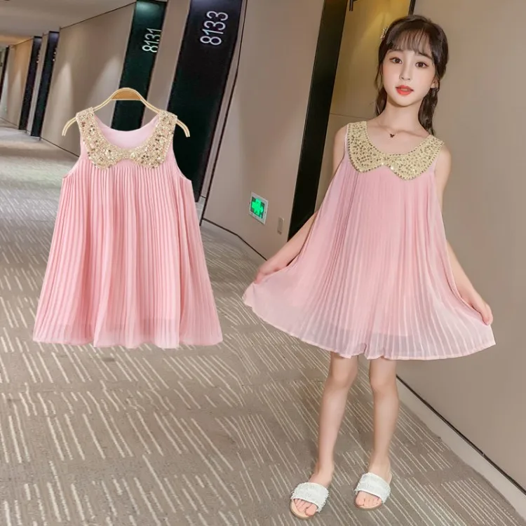 

Summer Girls Sequins Sleeveless Chiffon Dresses Kids Baby Solid Pleated Clothes Children Western style Clothing