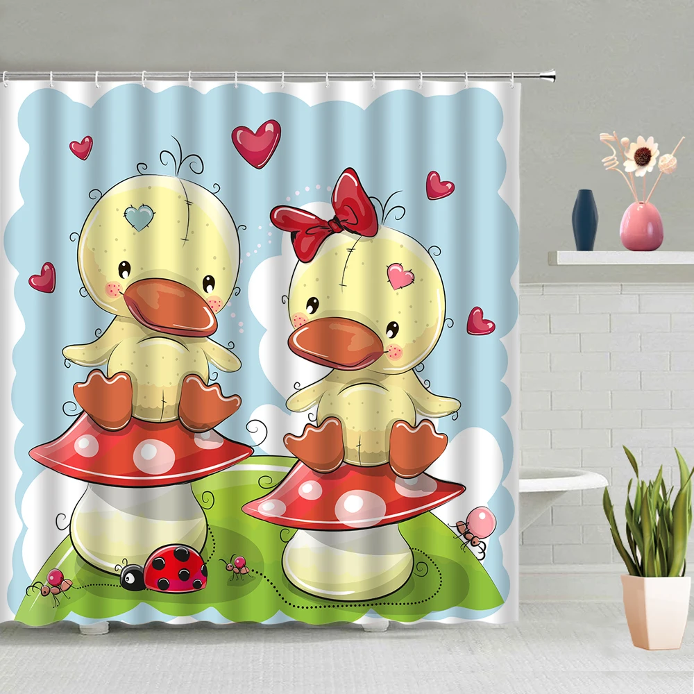 

Bath Yellow Duck Shower Curtain Cartoon Animal Sea Wave Scenic Children Bathroom Wall Hanging Curtains Waterproof Screen Decor