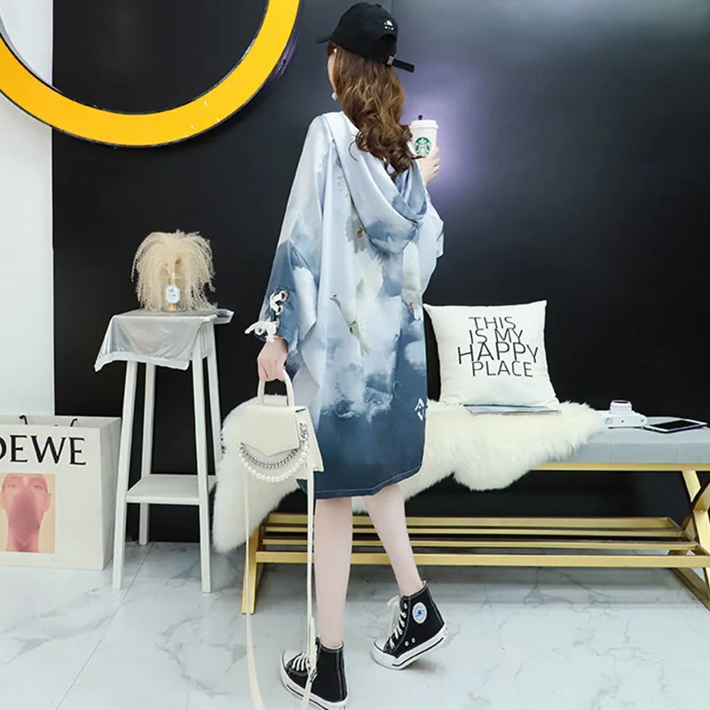 

Sister Fara Print Lace Up Hooded Women's Dress 2021 Summer Plus Size Long Sleeve Loose Asymmetrical Dress Casual Women's Dresses