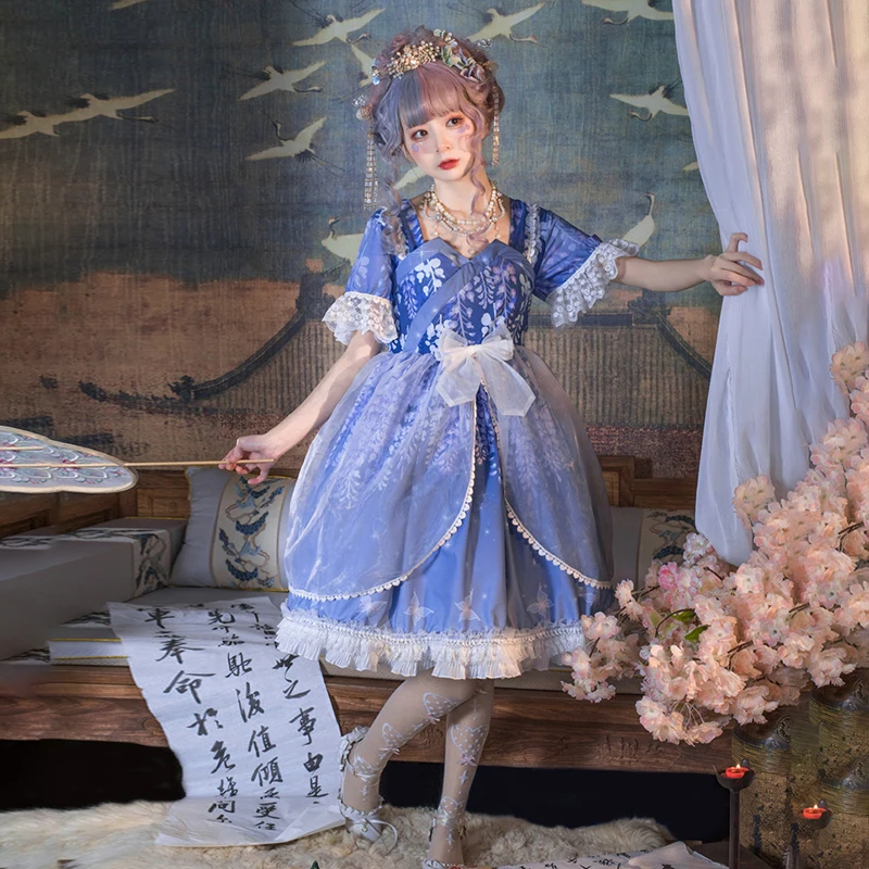 

MokoGoddess Lolita Palace retro princess Japanese style square collar Victorian stitching sweet bow net yarn gradient dress