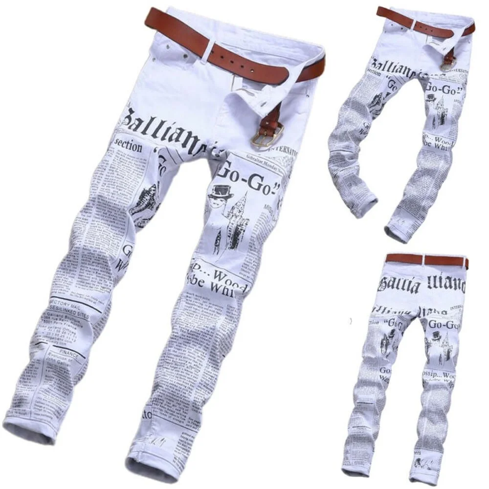 

Mens Ripped Jeans White Newspaper Print Slim Fit Long Pant Distressed Trousers