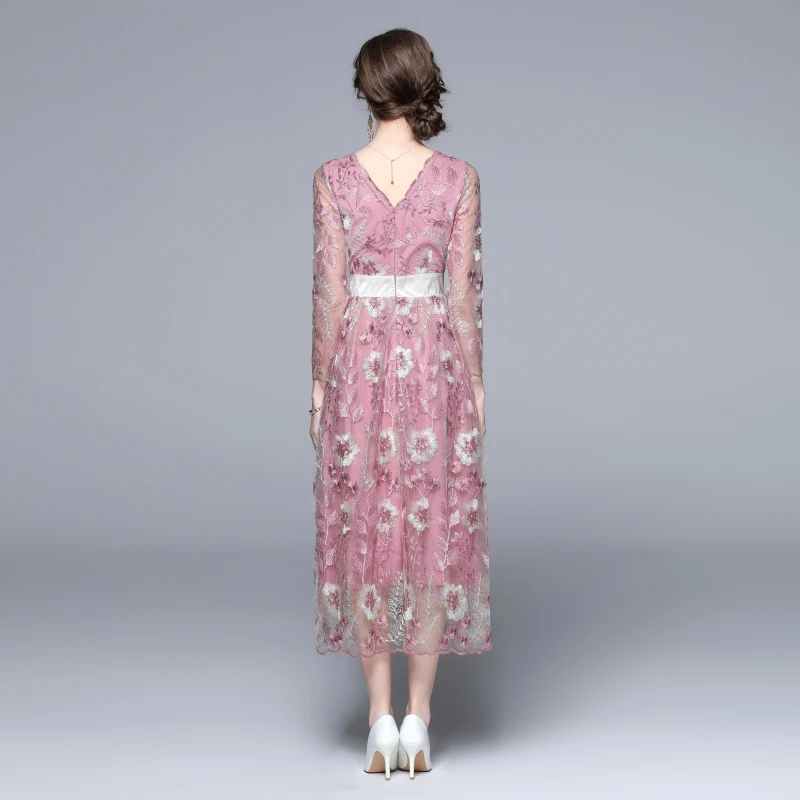 JSXDHK Шикарное женское розовое платье с цветочным принтом, новинка весна 2022 года, V-образный вырез, сетчатые цветочные вышивки, платье с высокой талией для вечеринки Vestidos Robe.