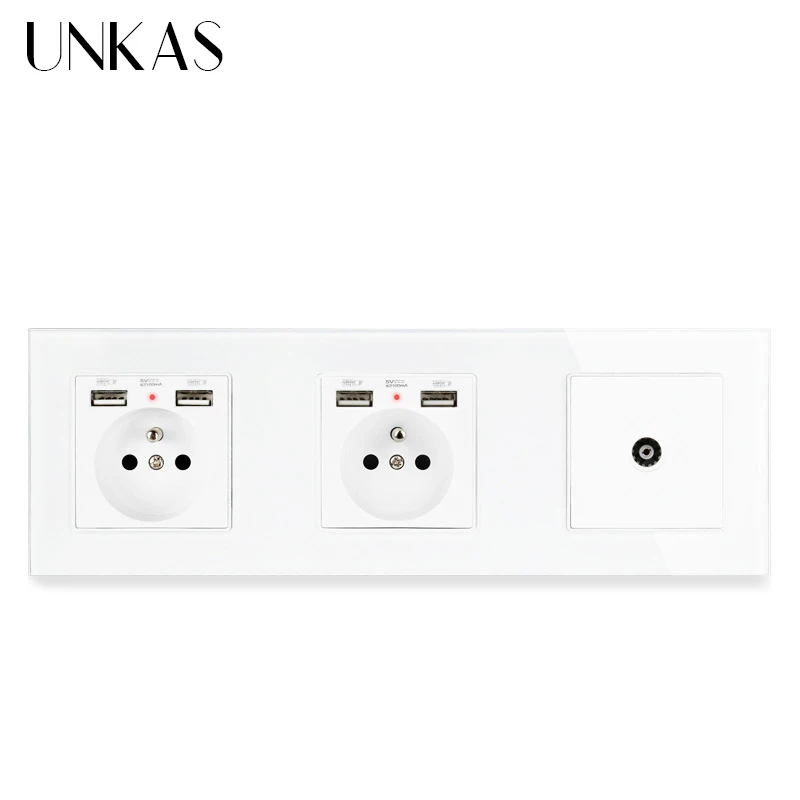 Двойная французская стандартная розетка со стеклянной панелью UNKAS с 4 USB портами