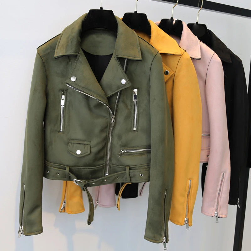 

Spring Women Soft Suede Leather Motorcycle Jacket Turn-down Collar Female Short Coats Black Pink Army Green Punk Outerwear