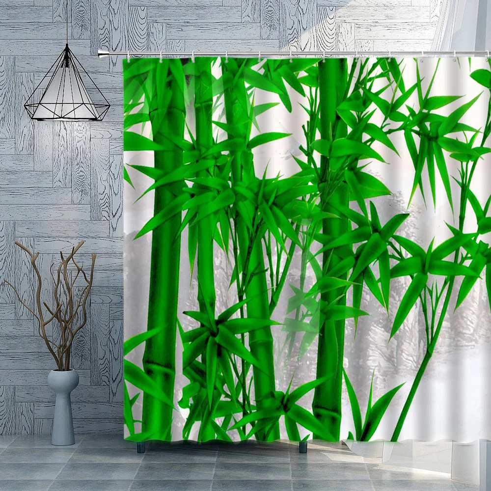 

Green Plant Bamboo Shower Curtains Chinese Style Tree Natural Scenery Bathroom Curtain Home Decoration With Hook Bath Decor Set