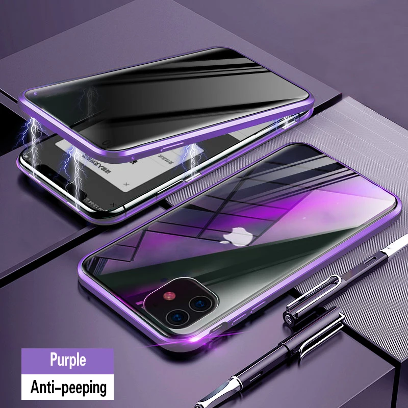 Purple Магнитный чехол из закаленного стекла для iphone 11 Pro MAX X XS XR 8 7 6 6s plus, Защитный металлический чехол с защитой на 360 ° - Цвет: Purple