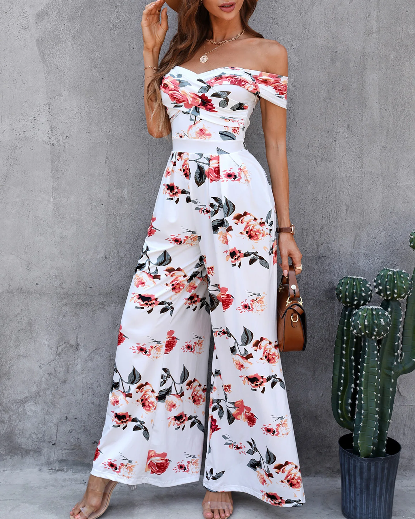 

New Summer Holiday Sexy Off Shoulder Ruched Floral Wide Leg Long Pants Women's Jumpsuit 2021 Summer Casual Clothings Streetwear