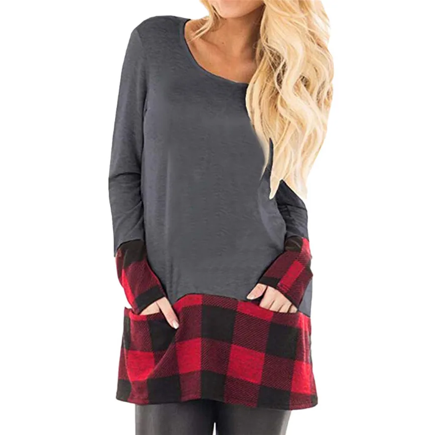 Модные женские блузки 2019 Осенняя женская одежда топы клетчатые с кромкой Круглый