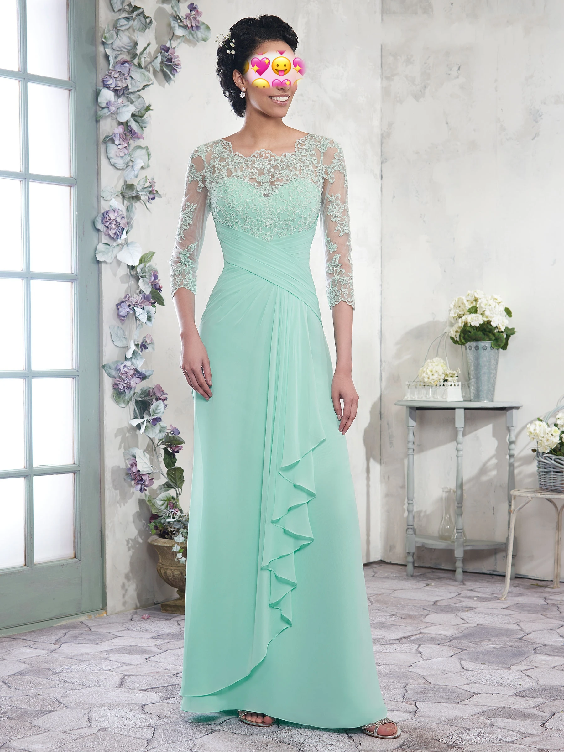 

Illusion Lace Mother of the Bride Dress 3/4 Sleeves Beach Chiffon vestido de noiva Wedding Party Dress Long Guest Dresses