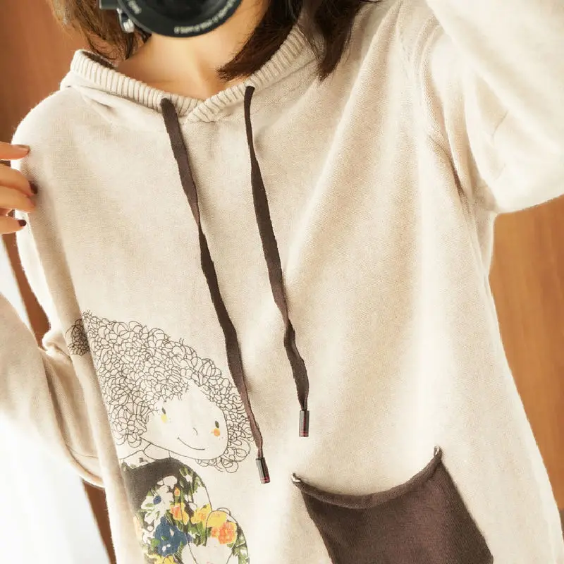 

Pure Cotton Hooded Sweater Women Spring And Autumn New Sweater Outer Wear Loose Korean Printing Long-Sleeved Sweater Coat