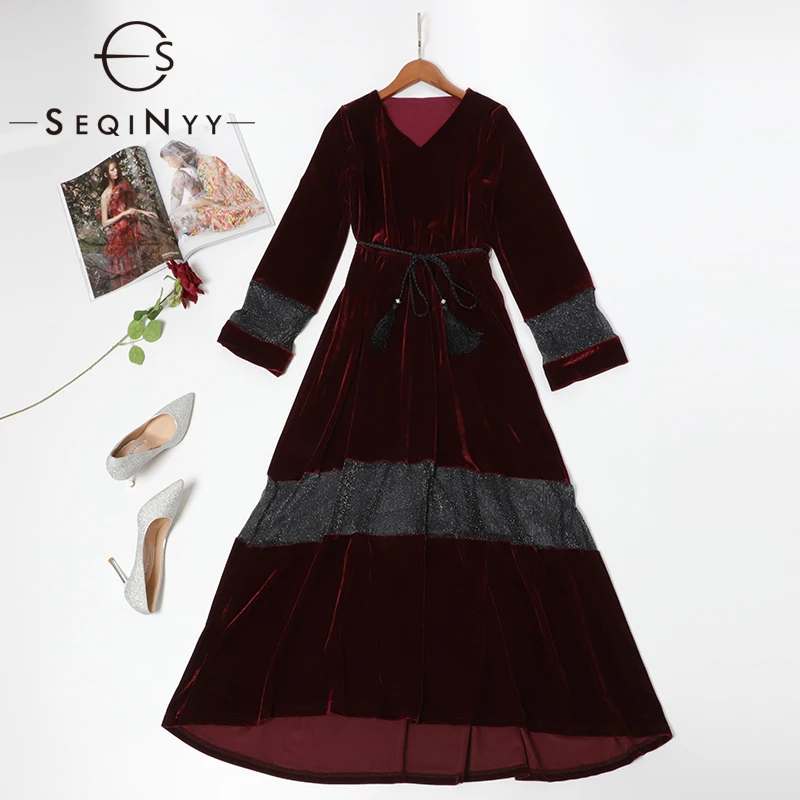 SEQINYY, Элегантное Длинное платье, Осень-зима, модный дизайн, женское платье с длинным рукавом, яркая сетка, сплайсированное вельветовое Макси платье