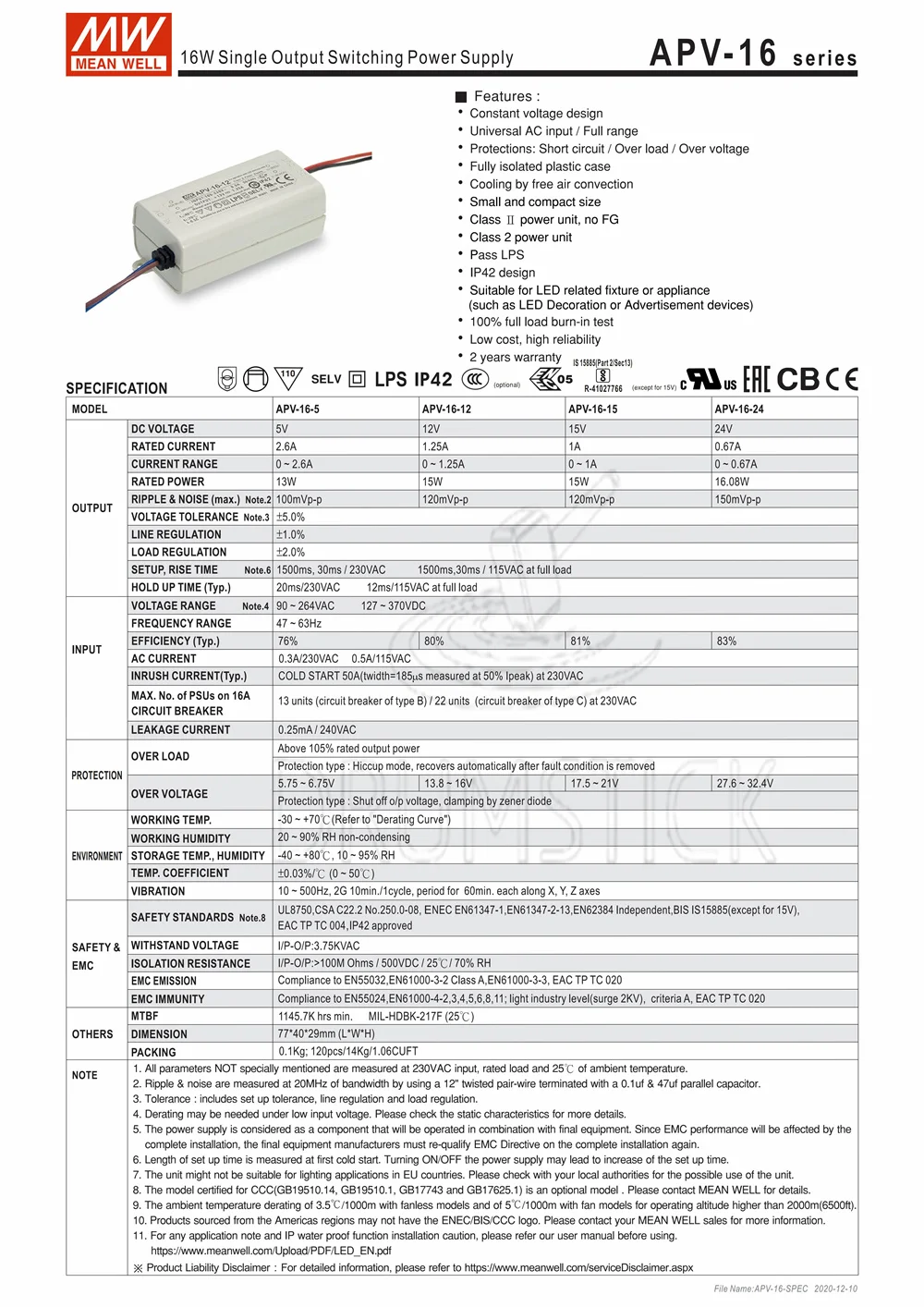 Meanwell APV-16-12 12V 1.25A meanwell APV-16 15W одиночный выход Индикатор импульсный источник