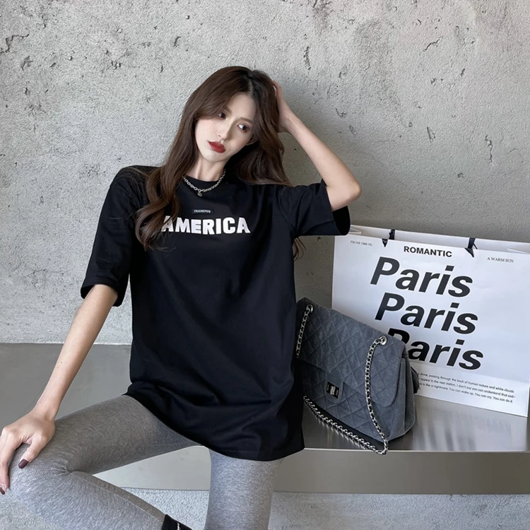 

YTX298 Hong Kong style fashionable letter printing cotton loose mid-length short-sleeved T-shirt ins top trend