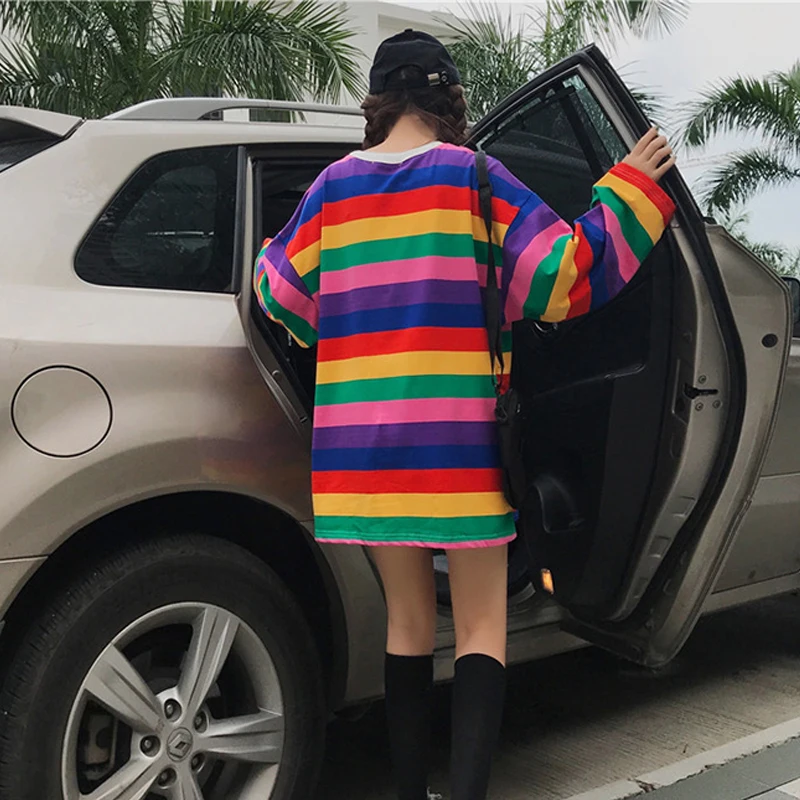 Женская футболка оверсайз летняя в Корейском стиле с милыми радужными полосками