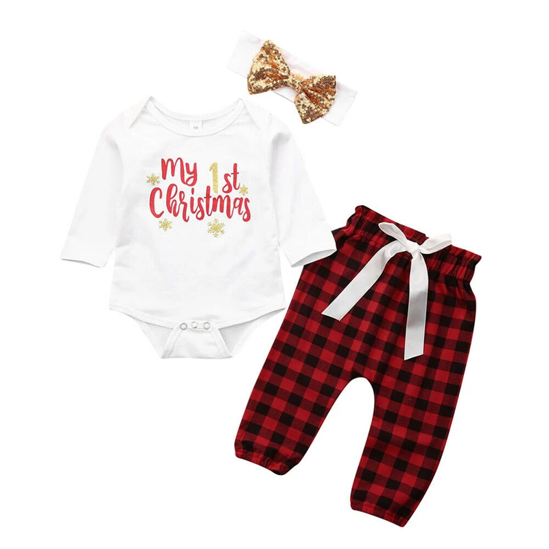 Hot Sale Baby Christmas Outfits My First Girl Boys Clothes Set Cute Bodysuit+Plaid Pants+Headband | Детская одежда и обувь