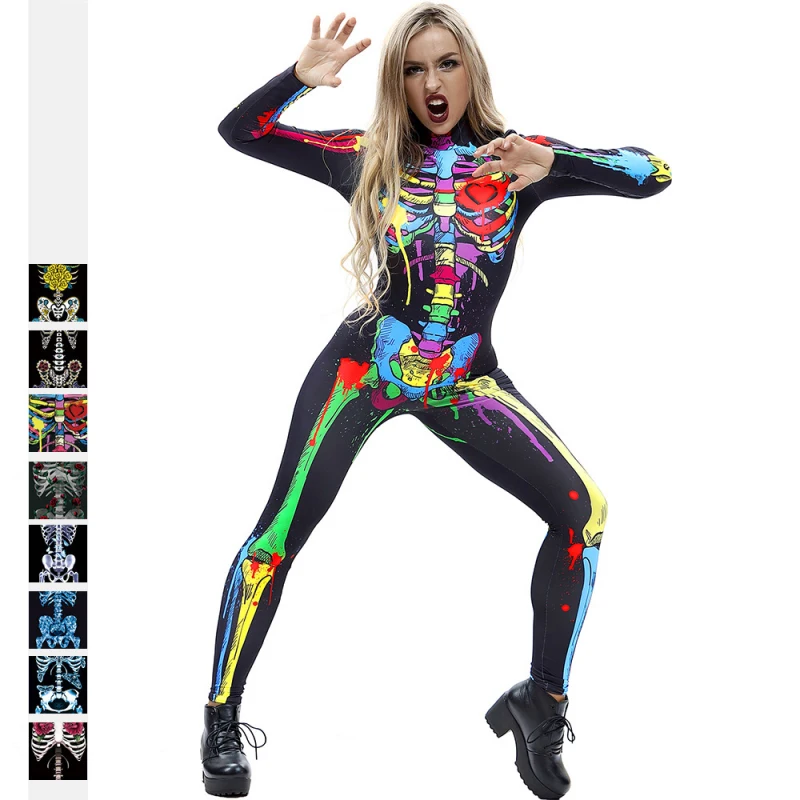 

Женские комбинезоны для косплея на Хэллоуин, комбинезоны со страшным скелетом, костюм вампира для представлений с зомби, женская одежда для...